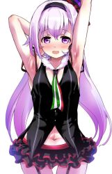 Rule 34 | .live, 1girl, armpits, blush, breasts, carro pino, commentary request, embarrassed, headband, hirowa nagi, long hair, navel, necktie, open mouth, purple eyes, purple hair, simple background, sleeveless, small breasts, solo, virtual youtuber, white background