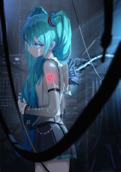 Rule 34 | 1girl, absurdres, android, aqua eyes, aqua hair, black skirt, blurry, blurry foreground, cable, chain, closed mouth, commentary request, cowboy shot, detached sleeves, electricity, expressionless, film grain, from side, glowing, glowing eyes, glowing tattoo, hair ornament, hair over shoulder, hatsune miku, hatsune miku (nt), head tilt, highres, holding, holding hair, indoors, layered sleeves, looking at viewer, looking to the side, number tattoo, pleated skirt, red pupils, roitz ( roitz ), sanpaku, see-through, see-through sleeves, server, shirt, shoulder tattoo, skirt, sleeveless, sleeveless shirt, solo, subdermal port, tattoo, twintails, vocaloid, white shirt, white sleeves, wide sleeves