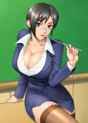 Rule 34 | 1girl, bang-you, black hair, blazer, breasts, brown eyes, business suit, chalk, chalkboard, classroom, cleavage, earrings, fingernails, formal, garter straps, glasses, huge breasts, indoors, jacket, jewelry, large breasts, looking at viewer, mouth hold, nail polish, original, pencil skirt, pink nails, pointer, school, shiny skin, short hair, sitting, skirt, skirt suit, solo, suit, teacher, thighhighs, thighs, unbuttoned, uniform, wall