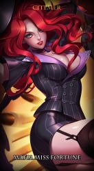 Rule 34 | 1girl, alternate costume, artist name, belt, black panties, black thighhighs, breasts, bullet, buttons, character name, choker, citemer, cleavage, crime city miss fortune, double-breasted, female focus, garter straps, hat, large breasts, league of legends, long hair, looking at viewer, miniskirt, miss fortune (league of legends), motion blur, panties, pencil skirt, red hair, skirt, solo, stairs, thighhighs, underwear, upskirt