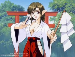 Rule 34 | 1990s (style), 1996, 1girl, anjela, breasts, brown hair, cleavage, copyright name, copyright notice, cowboy shot, dated, day, facing viewer, gohei, hair tubes, hakama, hakama skirt, hip vent, holding, japanese clothes, long hair, long sleeves, looking at viewer, megami paradise, miko, nec corporation, nec home electronics, no bra, official art, ofuda, open mouth, outdoors, outstretched arm, pointy ears, red eyes, red hakama, retro artstyle, skirt, sky, smile, solo, standing, torii, wide sleeves