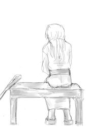 Rule 34 | 10s, 1girl, bench, comic, crutch, from behind, gentletiger, geta, greyscale, japanese clothes, kantai collection, long hair, monochrome, aged up, simple background, sitting, sketch, solo, white background, white hair, zuikaku (kancolle)
