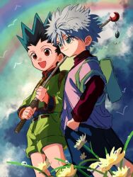 Rule 34 | 2boys, backpack, bag, black hair, blue eyes, brown eyes, child, fishing rod, gon freecss, green footwear, green jacket, green shorts, hands in pockets, highres, holding, holding fishing rod, hunter x hunter, jacket, killua zoldyck, layered sleeves, long sleeves, male focus, multiple boys, outdoors, rainbow, shirt, short hair, short over long sleeves, short sleeves, shorts, smile, spiked hair, thicopoyo, white hair, white shirt