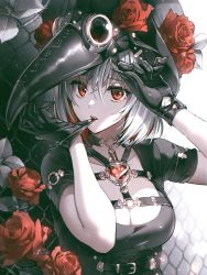 1girl, artist name, bangs, biting, black gloves, breasts, chain-link fence, cleavage, collarbone, corset, eyebrows visible through hair, fence, flower, gloves, harness, hat, heart, highres, large breasts, lips, mask, mask on head, multicolored hair, nardack, original, pale skin, parted lips, plague doctor mask, red eyes, red hair, rose, short hair, signature, solo, two-tone hair, upper body, white hair