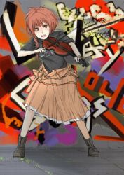 Rule 34 | 1girl, ankle boots, boots, braid, brown eyes, brown hair, character name, female focus, graffiti, hood, hoodie, instrument, lindsey stirling, long hair, looking at viewer, musician, open mouth, skirt, solo, standing, straight hair, takutarou, text focus, typo, violin, wall