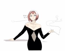 Rule 34 | 1girl, alternate costume, ark royal (kancolle), black dress, blue eyes, blunt bangs, bob cut, commentary request, cowboy shot, dress, highres, kantai collection, looking at viewer, off-shoulder dress, off shoulder, red hair, short hair, simple background, smoking pipe, solo, standing, tada (tactical tada), translation request, white background