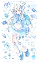 Rule 34 | 1girl, absurdres, apron, bag, bandaid, bandaid on leg, blonde hair, blue eyes, blue footwear, blue jacket, blush, candy, commentary, food, frilled apron, frills, full body, halo, highres, jacket, lollipop, long hair, long sleeves, looking at viewer, loose socks, original, pleated skirt, puffy sleeves, shoes, skirt, sleeves past wrists, socks, solo, symbol-only commentary, tsukiyo (skymint), two side up, very long hair, white apron, white background, white socks