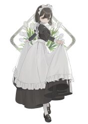 Rule 34 | 1girl, absurdres, apron, black dress, black footwear, black hair, closed mouth, commentary request, dress, flower, frilled apron, frills, from side, full body, grey eyes, highres, juliet sleeves, loafers, long sleeves, looking at viewer, looking to the side, maid, maid headdress, original, pantyhose, puffy sleeves, shii (kairi-t-k0317), shoes, simple background, smile, solo, standing, tulip, white apron, white background, white flower, white pantyhose