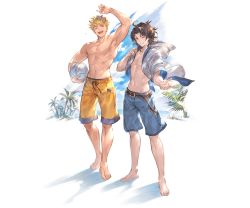 Rule 34 | 2boys, ;d, abs, alpha transparency, arm up, ball, barefoot, belt, black hair, blonde hair, blue shorts, blue sky, drawstring, full body, granblue fantasy, groin, holding, holding ball, jacket, lancelot (granblue fantasy), looking at viewer, male focus, male swimwear, minaba hideo, mullet, multiple boys, no nipples, official art, one eye closed, open mouth, outstretched hand, palm tree, parted lips, shorts, sky, smile, swim trunks, swimsuit, transparent background, tree, vane (granblue fantasy), vane (summer) (granblue fantasy), volleyball (object), white jacket, yellow male swimwear