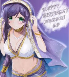 Rule 34 | 1girl, 8107ka, aqua eyes, arabian clothes, artist name, artist request, blush, bracelet, braid, breasts, choker, cloud, collarbone, dancer, female focus, green eyes, highres, jewelry, long hair, long twintails, looking at viewer, love live!, love live! school idol festival, love live! school idol project, low-tied long hair, low twintails, medium breasts, nail, nail polish, necklace, night, outdoors, parted lips, pearl bracelet, pearl necklace, pink nails, pink nails, purple hair, purple sky, single braid, sky, smile, solo, tojo nozomi, twintails, veil, yellow choker