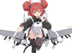 Rule 34 | 1girl, absurdres, bandaid, bandaid on face, bandaid on nose, black choker, blue eyes, blush, bodysuit, choker, double bun, drone, hair bun, highres, long hair, looking at viewer, mecha musume, mechanical legs, military, missile, motion blur, open mouth, original, outstretched arm, personification, propeller, red hair, shasha (shasha159357), sidelocks, simple background, solo, star (symbol), thigh gap, twitter username, white background, wings