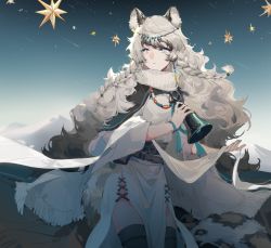 Rule 34 | 1girl, animal ears, argon (caocaocaocaocao), arknights, bell, belt, blue ribbon, braid, bright pupils, capelet, chinese commentary, commentary, cowboy shot, dress, fingernails, grey belt, grey capelet, grey eyes, grey hair, grey thighhighs, highres, holding, holding bell, jewelry, leopard ears, leopard girl, leopard tail, long hair, long sleeves, looking afar, necklace, parted lips, pramanix (arknights), ribbon, shooting star, side slit, sky, solo, star (sky), starry sky, tail, thighhighs, tiara, very long hair, white dress, white pupils, white ribbon, wide sleeves