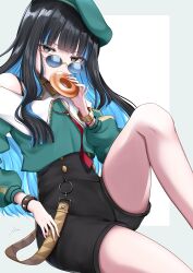 Rule 34 | 1girl, bare shoulders, beret, black hair, black shorts, blue hair, blunt bangs, bracelet, breasts, buttons, colored inner hair, double-breasted, doughnut, eyeliner, fate/grand order, fate (series), food, green hat, green jacket, grey eyes, hat, highres, ichi kq, jacket, jewelry, knee up, long hair, long sleeves, looking at viewer, makeup, multicolored hair, neck ring, o-ring, off shoulder, round eyewear, shorts, sidelocks, sitting, small breasts, solo, sunglasses, tenochtitlan (fate), tenochtitlan (second ascension) (fate), thighs, wavy hair, zipper