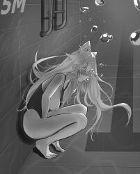 Rule 34 | 1girl, absurdres, against wall, air bubble, animal ear fluff, animal ears, arm between legs, blush, breasts, breasts out, bubble, cat ears, clothes pull, floating hair, full body, greyscale, highres, holding breath, large breasts, long hair, looking at viewer, marima666, monochrome, nipples, one-piece swimsuit, one-piece swimsuit pull, original, pool, pool ladder, solo, squatting, submerged, swimsuit, toes, underwater, white hair