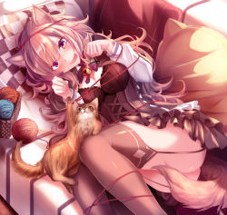 Rule 34 | 1girl, animal ears, basket, bell, black skirt, black thighhighs, blush, breasts, brown hair, cat, cat ears, cat tail, checkered pillow, cleavage, corset, couch, garter straps, haruka natsuki, jingle bell, large breasts, long hair, long sleeves, looking at another, lying, on couch, on side, open mouth, original, paw pose, pillow, purple eyes, skirt, smile, solo, tail, thighhighs, thighs, yarn, yarn ball