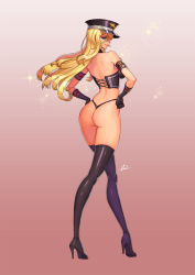 Rule 34 | 1girl, arm belt, ass, back, black footwear, black gloves, black thighhighs, blonde hair, blue eyes, boots, dominatrix, dungeon and fighter, female gunner (dungeon and fighter), full body, gloves, hands on own hips, hat, high heel boots, high heels, highres, kim jin sung, long hair, looking at viewer, looking back, maria tr, original, peaked cap, smile, solo, sparkle, thigh boots, thighhighs, thong