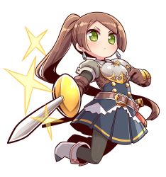 Rule 34 | 1girl, armor, black pantyhose, blue skirt, blush, boots, breastplate, brown gloves, brown hair, closed mouth, commentary request, copyright request, earrings, full body, gloves, green eyes, grey shirt, highres, holding, holding sword, holding weapon, jewelry, layered sleeves, long hair, long sleeves, looking at viewer, naga u, pantyhose, pauldrons, pleated skirt, ponytail, puffy short sleeves, puffy sleeves, sheath, shirt, short over long sleeves, short sleeves, shoulder armor, simple background, single pauldron, skirt, solo, sparkle, swept bangs, sword, unsheathed, v-shaped eyebrows, very long hair, weapon, white background, white footwear