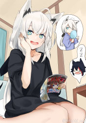 Rule 34 | 2girls, ahoge, alternate costume, animal ears, bare legs, black hair, black shirt, blue eyes, braid, breasts, cameo, commentary, fox ears, hand on own cheek, hand on own face, highres, hitachi sou, holding, holding magazine, hololive, indoors, japanese clothes, kimono, long hair, magazine (object), multiple girls, obi, ookami mio, open mouth, sash, shirakami fubuki, shirt, side braid, silver hair, sitting, sleeping, small breasts, smile, solo focus, sparkling eyes, spoken character, t-shirt, table, thighs, tokino sora, twitter username, virtual youtuber, wolf ears, zzz
