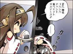 Rule 34 | ..., 10s, 2girls, :d, ^ ^, ahoge, blush, brown hair, camouflage, chibi, closed eyes, detached sleeves, food, fusuma, hairband, haruna (kancolle), headgear, hiding, hisahiko, holding, kantai collection, kongou (kancolle), long hair, machinery, motion lines, multiple girls, musical note, nontraditional miko, onigiri, open door, open hand, open mouth, plate, profile, ribbon trim, sliding doors, smile, solo focus, speech bubble, spoken musical note, standing, translation request, triangle mouth, turret, very long hair, wide sleeves