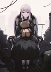Rule 34 | 1girl, armchair, black bow, black dress, black footwear, bow, brooch, building, chair, closed mouth, collared dress, commentary request, dress, frilled dress, frills, grey hair, hair between eyes, highres, holding, holding stuffed toy, hyonee, jewelry, long hair, looking at viewer, on chair, original, purple eyes, ruins, shoes, sitting, sky, socks, solo, stuffed animal, stuffed toy, teddy bear, white socks