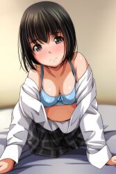 Rule 34 | 1girl, absurdres, arm support, bare shoulders, bed sheet, black hair, blue bra, blush, bob cut, bow, bow bra, bra, breasts, brown eyes, checkered clothes, checkered skirt, collarbone, floral print, head tilt, highres, indoors, looking at viewer, matsunaga kouyou, nose blush, open clothes, open shirt, original, school uniform, shiny skin, short hair, skirt, small breasts, smile, solo, underwear, uniform
