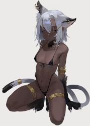 1girl animal_ear_fluff animal_ear_piercing animal_ears animal_feet animal_hands armlet bikini black_bikini blue_eyes breasts cat_ears cat_tail center-flap_bangs claws closed_mouth covered_erect_nipples dark-skinned_female dark_skin fewer_digits gold grey_hair hair_ornament hairclip highleg highleg_bikini highres jewelry looking_at_viewer medium_hair micro_bikini navel original simple_background single_ear_down small_breasts solo swimsuit tail tail_ornament tail_ring taressaa_(resapn) thighlet white_background