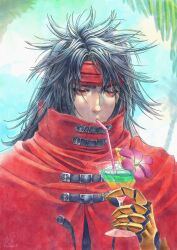 Rule 34 | 1boy, black hair, coat, commentary, cup, drinking, drinking straw, english commentary, final fantasy, final fantasy vii, final fantasy vii rebirth, final fantasy vii remake, flower, glass, headband, highres, holding, holding cup, long hair, male focus, outdoors, pink flower, red coat, red eyes, red headband, solo, upper body, vincent valentine, vvbert