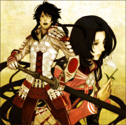 Rule 34 | 1boy, 1girl, armor, azai nagamasa (sengoku basara), black eyes, black hair, couple, flower, kiri (0925kiri), oichi (sengoku basara), samurai, sengoku basara, sword, weapon