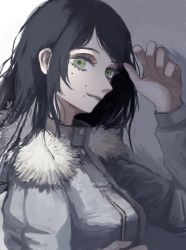 Rule 34 | 1girl, bad id, bad twitter id, black hair, breasts, chainsaw man, coat, eyelashes, fur coat, green eyes, hand up, long hair, looking at viewer, medium breasts, mole, mole on cheek, mole under eye, mole under mouth, santa claus (chainsaw man), shadow, smile, solo, winter clothes, winter coat, zlemonl