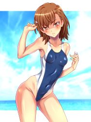 Rule 34 | 1girl, blue one-piece swimsuit, blush, border, breasts, brown eyes, brown hair, closed mouth, coin, collarbone, competition swimsuit, covered erect nipples, covered navel, cowboy shot, gluteal fold, highleg, highleg swimsuit, highres, looking at viewer, misaka mikoto, nike (0306), one-piece swimsuit, school swimsuit, short hair, small breasts, solo, standing, swimsuit, toaru kagaku no railgun, toaru majutsu no index, tokiwadai school swimsuit, white border