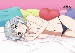 Rule 34 | 1girl, artist request, bed, black panties, blush, breasts, cleavage, collarbone, copyright name, green eyes, grey hair, groin, indoors, looking at viewer, lying, navel, on bed, on side, open mouth, panties, pillow, pink background, sanya v. litvyak, shiny skin, short hair, simple background, small breasts, smile, solo, strike witches, topless, underwear, underwear only, world witches series