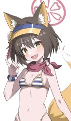 Rule 34 | 1girl, alternate costume, animal ear fluff, animal ears, bikini, blue archive, blue hat, blush, breasts, cleavage, collarbone, commentary request, fang, flower, fox ears, fox shadow puppet, hair flower, hair ornament, halo, halulu, hat, highres, izuna (blue archive), izuna (swimsuit) (blue archive), looking at viewer, navel, pink halo, simple background, small breasts, striped bikini, striped clothes, sunflower, sunflower hair ornament, swimsuit, visor cap, white background, yellow hat