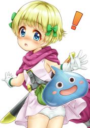 Rule 34 | !, 1girl, :d, ass, blonde hair, blue eyes, blush, blush stickers, bow, commentary request, dragon quest, dragon quest v, dress, earrings, gloves, green bow, hair bow, hero&#039;s daughter (dq5), highres, jewelry, open mouth, panties, regular mow, sheath, sheathed, simple background, sleeveless, sleeveless dress, slime (dragon quest), smile, stud earrings, sword, sword behind back, teeth, twisted torso, underwear, upper teeth only, weapon, weapon on back, white background, white dress, white gloves, white panties