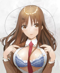 Rule 34 | 1girl, blue bra, blush, bra, breasts, brown eyes, brown hair, cleavage, hair ornament, hairclip, large breasts, long hair, looking at viewer, lying, necktie, on back, open clothes, open shirt, original, pupps, red necktie, solo, underwear, upper body