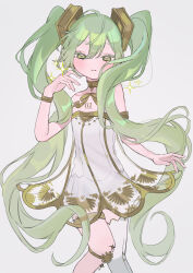 Rule 34 | 1girl, absurdres, bare shoulders, blush, commentary, dress, flat chest, gramophone miku, green eyes, green hair, grey background, hakudaku, hatsune miku, highres, light smile, long hair, looking at viewer, miku symphony (vocaloid), parted lips, see-through, see-through dress, simple background, single thighhigh, solo, sparkle, strapless, strapless dress, thighhighs, twintails, very long hair, vocaloid