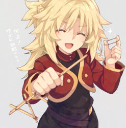 Rule 34 | 1girl, black shirt, blonde hair, blush, braid, breasts, eyes visible through hair, fate/apocrypha, fate (series), french braid, hair between eyes, jacket, long hair, long sleeves, mordred (fate), mordred (fate/apocrypha), open mouth, parted bangs, ponytail, red jacket, saipaco, shirt, sidelocks, small breasts, smile, sparkle, standing, translation request