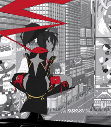 Rule 34 | 1girl, ass, back cutout, black dress, boots, braid, building, cityscape, clothing cutout, commentary, dress, elbow gloves, english commentary, flat color, french braid, from behind, full body, gloves, greyscale, highres, knee boots, long hair, looking at viewer, monochrome, new york, ninja, no bra, original, pelvic curtain, ponytail, pouch, red scarf, scarf, shimure (460), skyscraper, solo, spread legs, squatting, thigh pouch, thigh strap, tsurime