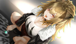 Rule 34 | 1girl, animal ears, arknights, black choker, black footwear, black jacket, blonde hair, blush, breasts, candy, choker, chromatic aberration, cleavage, commentary request, cutoffs, dutch angle, food, food in mouth, fur-trimmed jacket, fur trim, hair between eyes, holding, holding food, jacket, large breasts, lion ears, lollipop, long hair, looking at viewer, mouth hold, nabeshima tetsuhiro, open mouth, orange eyes, red shorts, shirt, shoes, short shorts, shorts, siege (arknights), solo, squatting, studded choker, t-shirt, thighs, white shirt