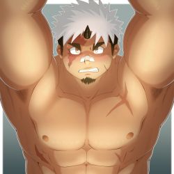 Rule 34 | 1boy, akiha gongen (housamo), armpit hair, armpits, bandaid, bandaid on face, bandaid on nose, bara, cross scar, dark-skinned male, dark skin, facial hair, frown, goatee, highres, horns, large pectorals, long sideburns, looking at viewer, male focus, mature male, multicolored hair, muscular, muscular male, nipples, pectorals, scar, scar across eye, scar on chest, scar on face, short hair, shu (homohomofever3), sideburns, single horn, solo, thick eyebrows, tokyo houkago summoners, two-tone hair, upper body, white hair
