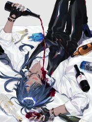 Rule 34 | 1boy, alcohol, antenna hair, arms up, bed, belt, belt buckle, black belt, black gloves, black pants, black vest, blue eyes, blue footwear, blue hair, blush, bottle, bracelet, buckle, buttons, choker, collarbone, collared shirt, commentary request, cup, dark-skinned male, dark skin, dress shirt, drinking glass, eyelashes, eyepatch, fingerless gloves, fingernails, genshin impact, gloves, high heels, highres, holding, holding bottle, holding cup, jewelry, kaeya (genshin impact), knees up, licking lips, long hair, looking at viewer, low ponytail, lying, male focus, multicolored hair, nail polish, on back, on bed, one eye covered, open mouth, pants, parted bangs, ponytail, pouring, pouring onto self, quartetblue, shirt, sidelocks, sleeves rolled up, smile, solo, spiked bracelet, spiked choker, spikes, star-shaped pupils, star (symbol), star choker, streaked hair, swept bangs, symbol-shaped pupils, teeth, tongue, tongue out, upside-down, vest, white nails, white shirt, wine, wine bottle, wine glass