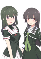 2girls absurdres black_shirt blunt_bangs blush breasts brown_hair closed_mouth commentary_request cowboy_shot dress green_hair green_neckerchief hair_between_eyes heijou_institute_school_uniform highres hime_cut hitoiki juujou_hiyori juujou_kagari long_hair long_sleeves looking_at_viewer medium_breasts mother_and_daughter multiple_girls neckerchief open_mouth pleated_skirt red_eyes renpu_girls_school_uniform_(old_design) sailor_collar school_uniform shirt short_sleeves simple_background skirt sleeve_cuffs smile standing toji_no_miko white_background white_sailor_collar white_skirt winter_uniform