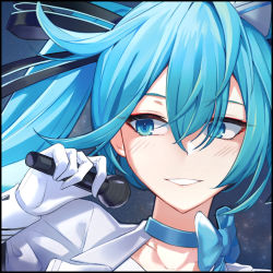 Rule 34 | 1girl, bad id, bad pixiv id, black ribbon, blue eyes, blue hair, blue neckwear, blush, choker, floating hair, gloves, grin, hair ribbon, hatsune miku, holding, holding microphone, long hair, looking to the side, microphone, orn, portrait, ribbon, smile, solo, twintails, vocaloid, white gloves