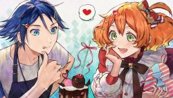 Rule 34 | 1boy, 1girl, alternate costume, apron, blue bow, blue eyes, blue hair, blush, bow, box, cake, candy, candy apple, chocolate, chocolate heart, food, freyja wion, frills, hair bow, hair ornament, hand on own cheek, hand on own face, hayate immelmann, heart, heart hair ornament, highres, holding, holding box, licking lips, macross, macross delta, open mouth, orange hair, pote-mm, side ponytail, smile, speech bubble, spoken heart, tongue, tongue out, valentine