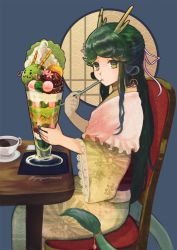 1girl artist_name chair cup eating flower from_side green_eyes green_hair green_nails hair_flower hair_ornament hair_ribbon highres horns japanese_clothes kimono long_hair looking_at_viewer nail_polish original parfait pink_ribbon plate purple_flower ribbon solo tail yaguremaru