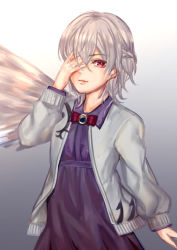 Rule 34 | 1girl, covering face, dress, gradient background, grey background, jacket, kishin sagume, long sleeves, open clothes, open jacket, purple dress, red eyes, sayama (chiwan0830), simple background, single wing, solo, touhou, white hair, wings