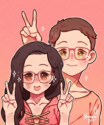 Rule 34 | 1boy, 1girl, :p, artist name, blush, brown eyes, brown hair, double v, glasses, gradient background, hanaan, hands up, highres, long hair, looking at viewer, orange shirt, original, outline, pink background, pink shirt, red-framed eyewear, shirt, short hair, smile, sparkle, tongue, tongue out, upper body, v, white outline, yellow eyes