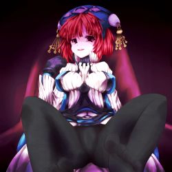 Rule 34 | 1girl, ass, black pantyhose, blush, boots, breasts, come hither, dewprism, gloves, hat, looking at viewer, maya (dewprism), niyadepa, open mouth, pantyhose, red eyes, red hair, seductive smile, short hair, smile, solo