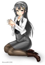 Rule 34 | 1girl, black hair, black pantyhose, black skirt, black sweater, blazer, boots, brown footwear, commentary request, full body, hair ornament, hairband, hairclip, haruna (kancolle), jacket, kantai collection, kudou (ooabareteng), long hair, looking at viewer, official alternate costume, pantyhose, pencil skirt, simple background, sitting, skirt, solo, sweater, twitter username, white background, white hairband, yokozuwari