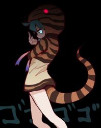 Rule 34 | 10s, 1girl, ahoge, aqua eyes, aqua hair, bare legs, black background, cowboy shot, dark, eyelashes, from behind, from side, glowing, glowing eyes, hand up, hood, hoodie, inumoto, jitome, jojo pose, kemono friends, long sleeves, looking at viewer, neck ribbon, profile, ribbon, sidelocks, simple background, snake tail, solo, striped clothes, striped hoodie, striped tail, tail, tsuchinoko (kemono friends)