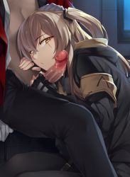 Rule 34 | 1boy, 1girl, armband, black gloves, black pants, black pantyhose, blush, breasts, brown hair, censored, closed mouth, fingerless gloves, girls&#039; frontline, gloved handjob, gloves, griffin &amp; kryuger military uniform, hair between eyes, hair ornament, hand on another&#039;s head, handjob, head rest, head tilt, hetero, hood, hood down, hooded jacket, indoors, jacket, long hair, looking at viewer, mosaic censoring, night, one side up, open clothes, open jacket, open shirt, pants, pantyhose, penis, pointless censoring, precum, scar, scar across eye, scar on face, shirt, sitting, solo focus, tsuki tokage, ump45 (girls&#039; frontline), white gloves, white shirt, window, yellow eyes